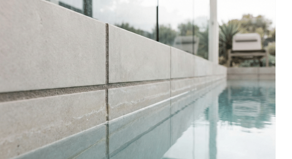 Close-up of luxury tiled concrete pool edge showing clean grout lines and perfectly maintained waterline detail