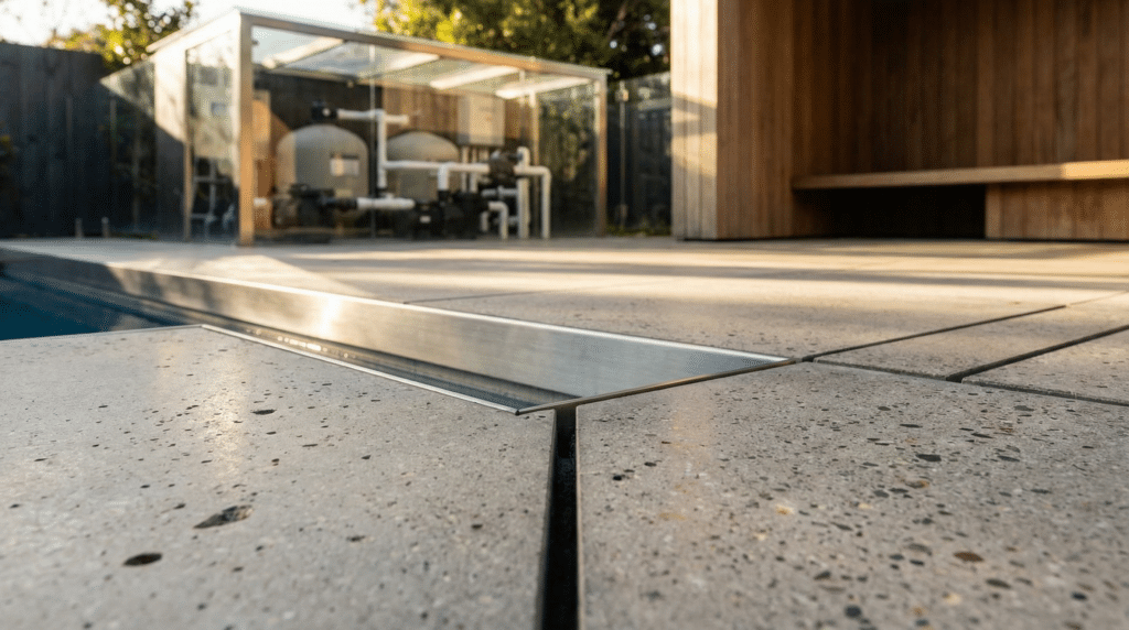 Precision finish detail of a tiled concrete swimming pool with clean grout lines and sharp waterline edge by Blue Pools and Spas