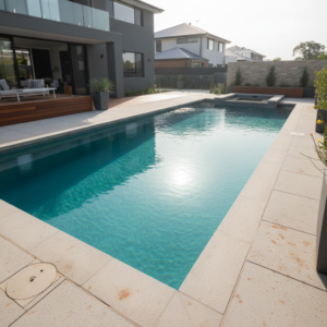 Modern swimming pool with landscaped terrace, built by Blue Pool and SPA in Melbourne, Australia.